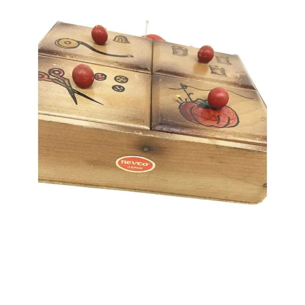 Vintage Nevco Japan Small 4 Drawer Wood Sewing box w Tomato Pin Cushion on Top